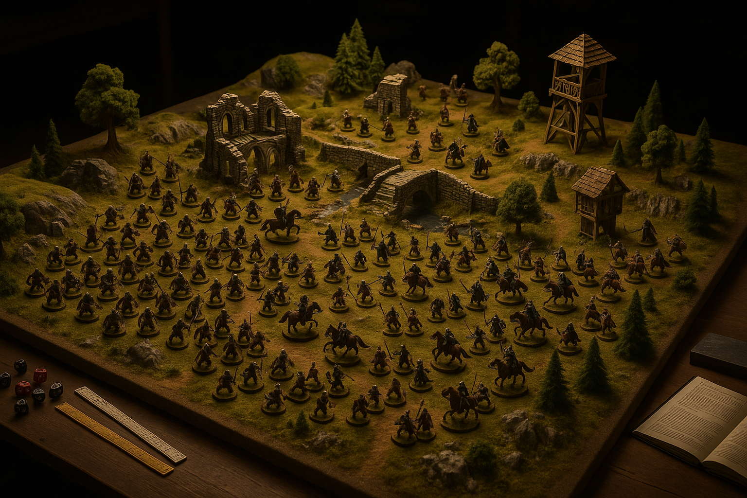 tabletop tics mit viel Gelände un Miniaturen. vielleicht herr der ringe